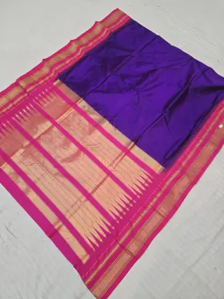 Deep Purple with Rani Pink Temple Border and Pallu Pure Mulberry Silk Gadwal Saree