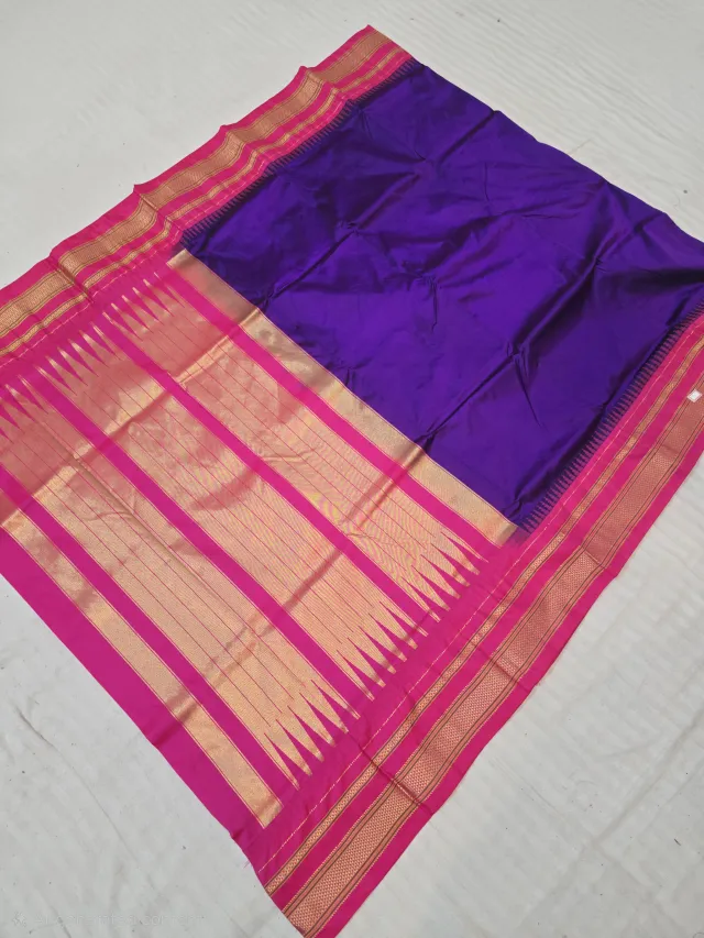Deep Purple with Rani Pink Temple Border and Pallu Pure Mulberry Silk Gadwal Saree