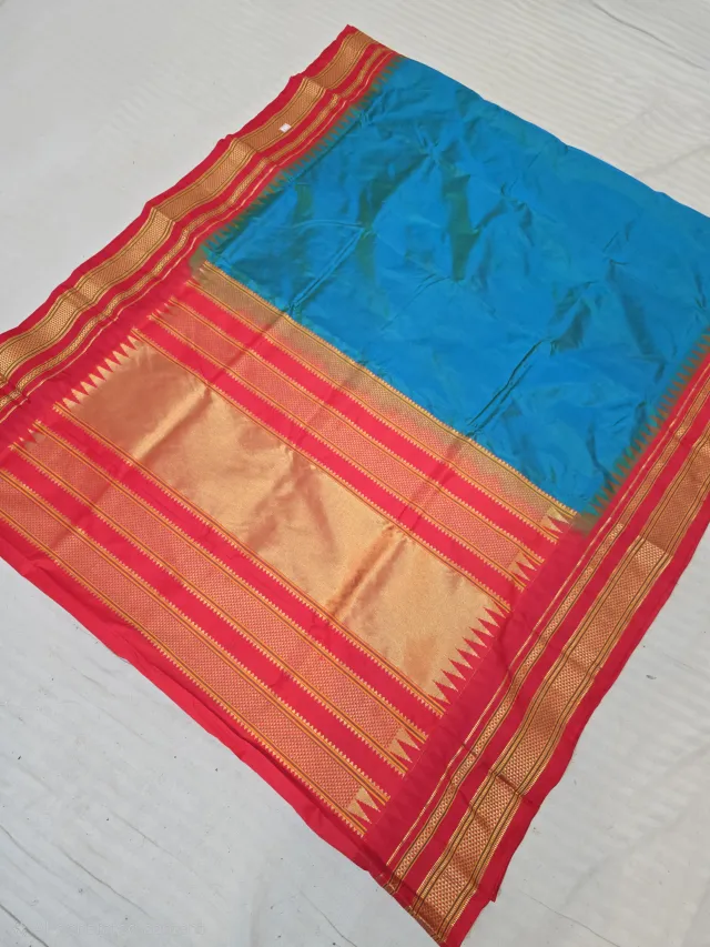 Dual-Tone Blue with Mustard Yellow Shimmer and Red Temple Border Pure Mulberry Silk Gadwal Saree