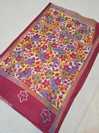 Premium Deep Maroon with Hand Embroidered Floral Pallu Reverse Kantha Stitch Saree