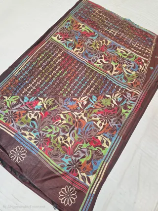 Premium Coffee Brown Hand Embroidered Floral and Geometric Jaal Pallu Kantha Stitch