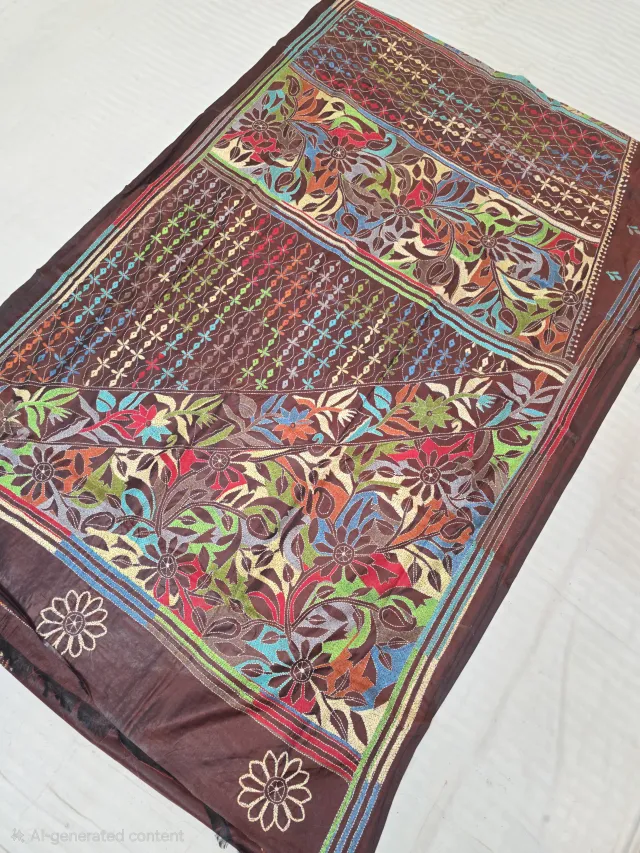 Premium Coffee Brown Hand Embroidered Floral and Geometric Jaal Pallu Kantha Stitch