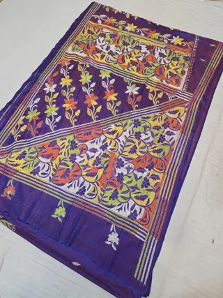 Royal Purple Multicolour Hand Embroidered Floral Jaal Pallu  Reverse Kantha Stitch Saree