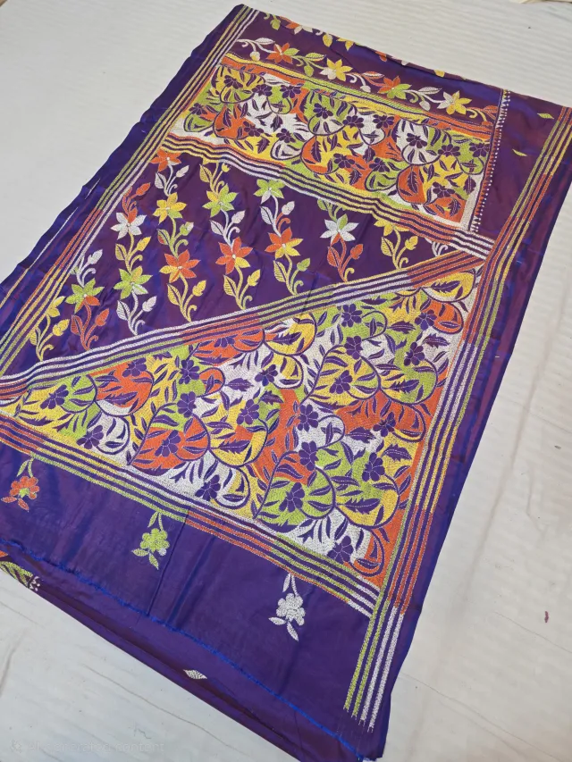 Royal Purple Multicolour Hand Embroidered Floral Jaal Pallu  Reverse Kantha Stitch Saree