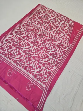 Rani Pink Monochrome Hand Embroidered Floral Jaal Pallu Reverse Kantha Stitch Saree