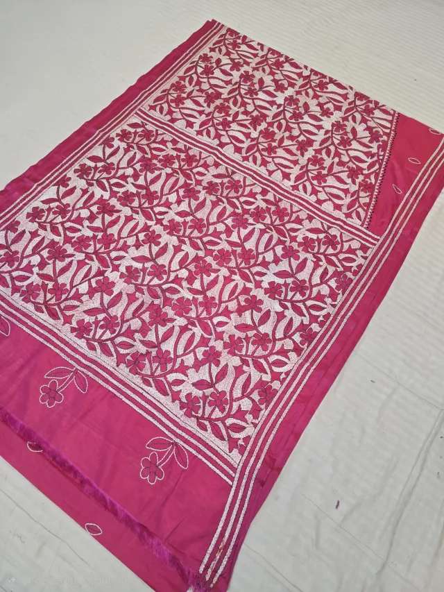 Rani Pink Monochrome Hand Embroidered Floral Jaal Pallu Reverse Kantha Stitch Saree