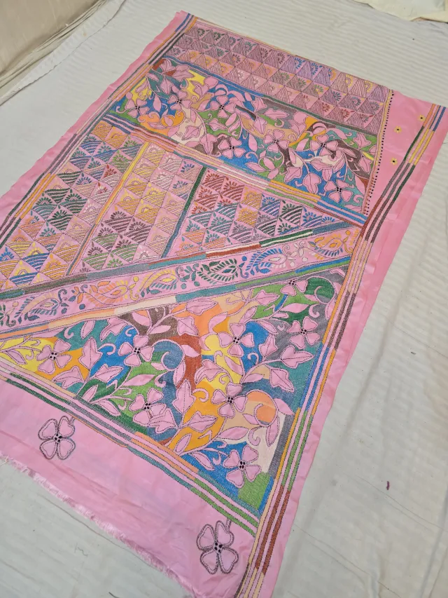 Baby Pink Multicolour Hand Embroidered Geometric and Floral Pallu Reverse Kantha Stitch Saree