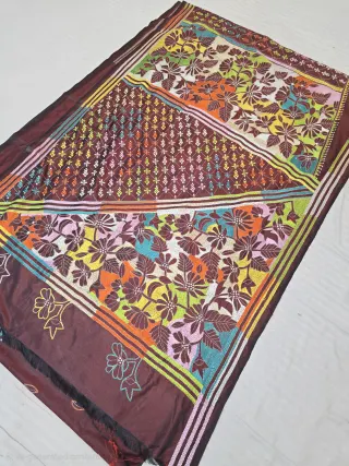 Espresso Brown Multicolour Hand Embroidered Geometric Lattice and Floral Pallu Reverse Kantha Stitch Saree