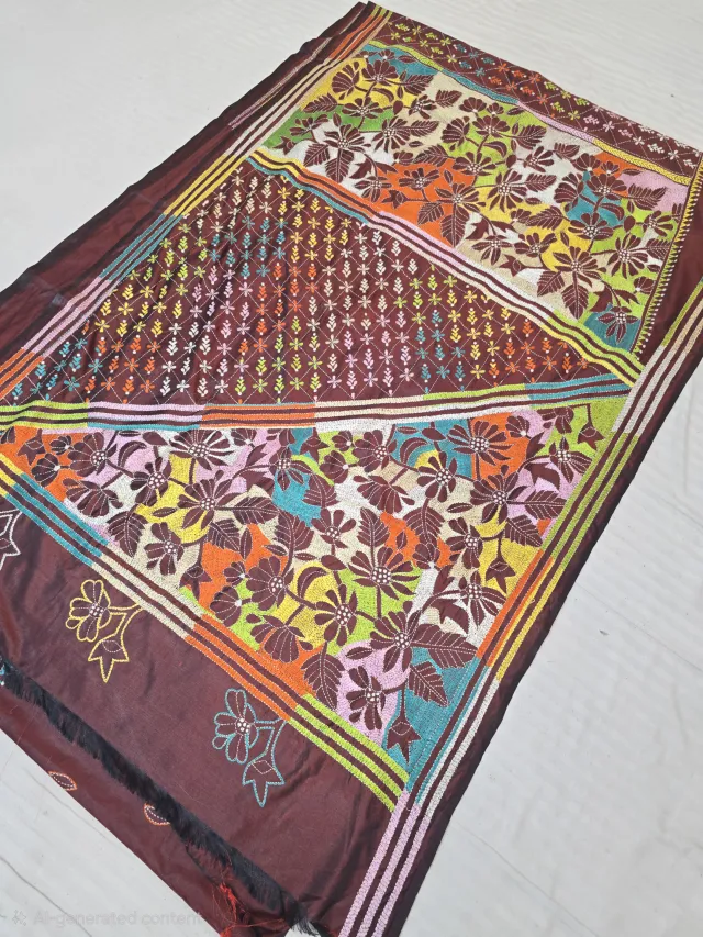 Espresso Brown Multicolour Hand Embroidered Geometric Lattice and Floral Pallu Reverse Kantha Stitch Saree