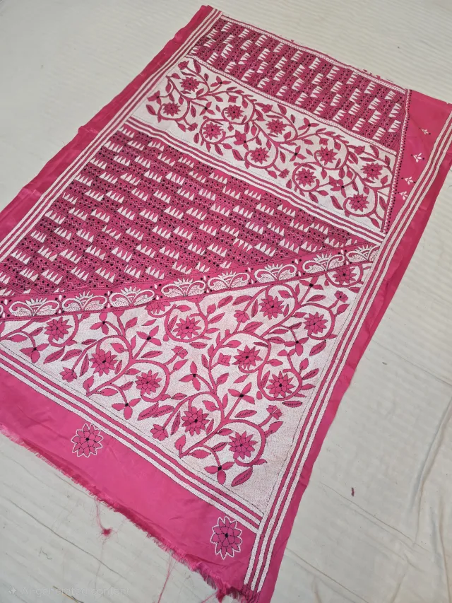 Rani Pink Monochrome Hand Embroidered Temple and Floral Pallu Reverse Kantha Stitch Saree