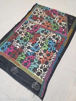 Jet Black Multicolour Hand Embroidered Rose Floral Jaal Pallu Reverse Kantha Stitch Saree