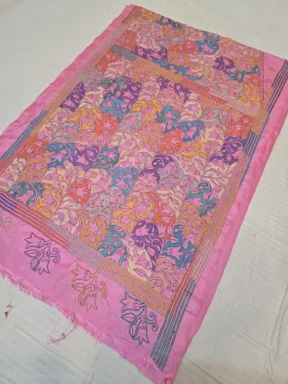 Baby Pink Multicolour Hand Embroidered Floral Jaal Reverse Kantha Stitch Saree