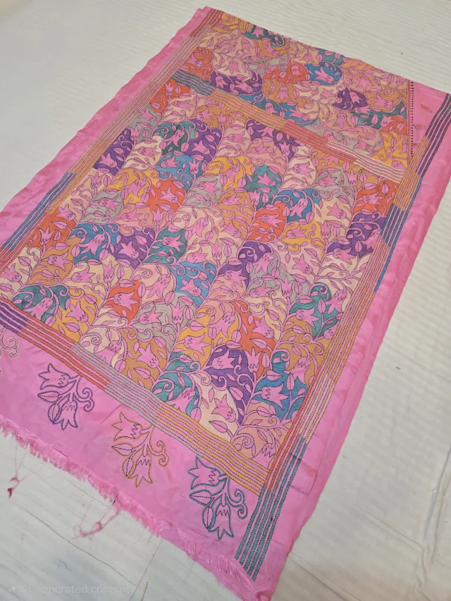 Baby Pink Multicolour Hand Embroidered Floral Jaal Reverse Kantha Stitch Saree