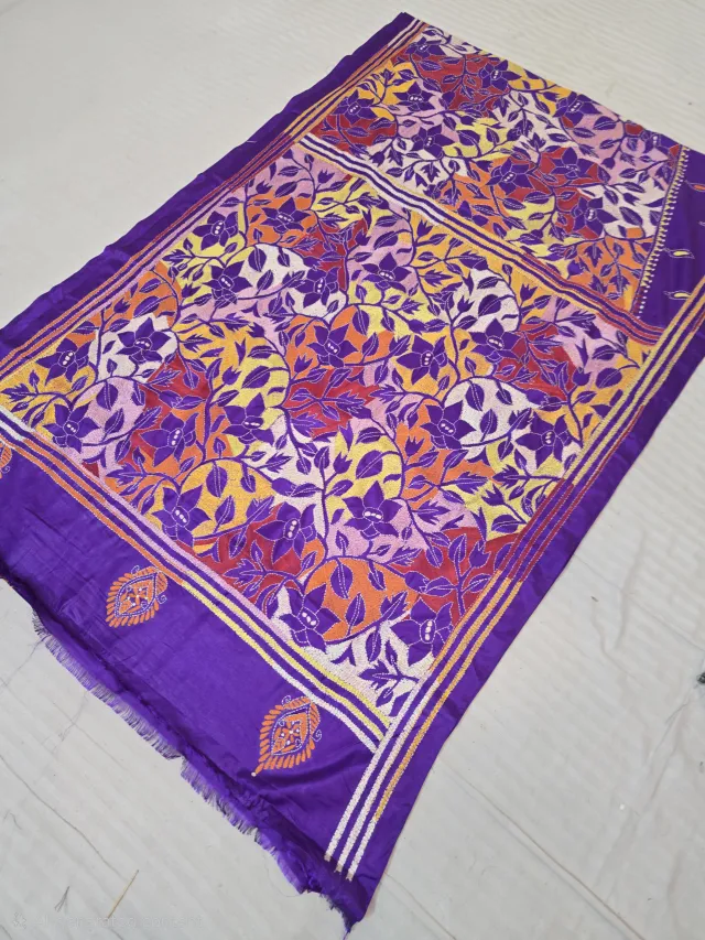 Royal Purple Multicolour  Hand Embroidered Floral Jaal Reverse Kantha Stitch Saree