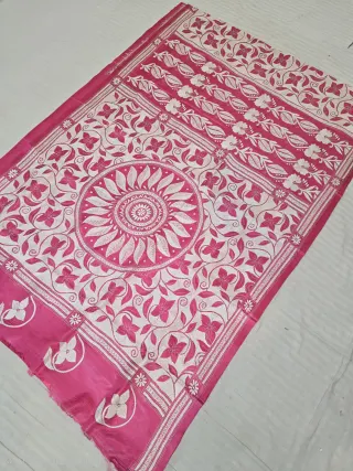 Rani Pink MonochromeHand Embroidered Floral Mandala Pallu  Reverse Kantha Stitch Saree