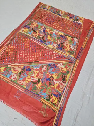 Vermilion Red Multicolour Hand Embroidered Geometric Lattice and Floral Pallu Reverse Kantha Stitch Saree