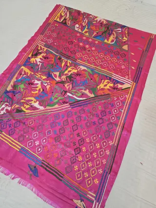 Rani Pink Multicolour Hand Embroidered Geometric Diamond and Floral Pallu  Reverse Kantha Stitch Saree