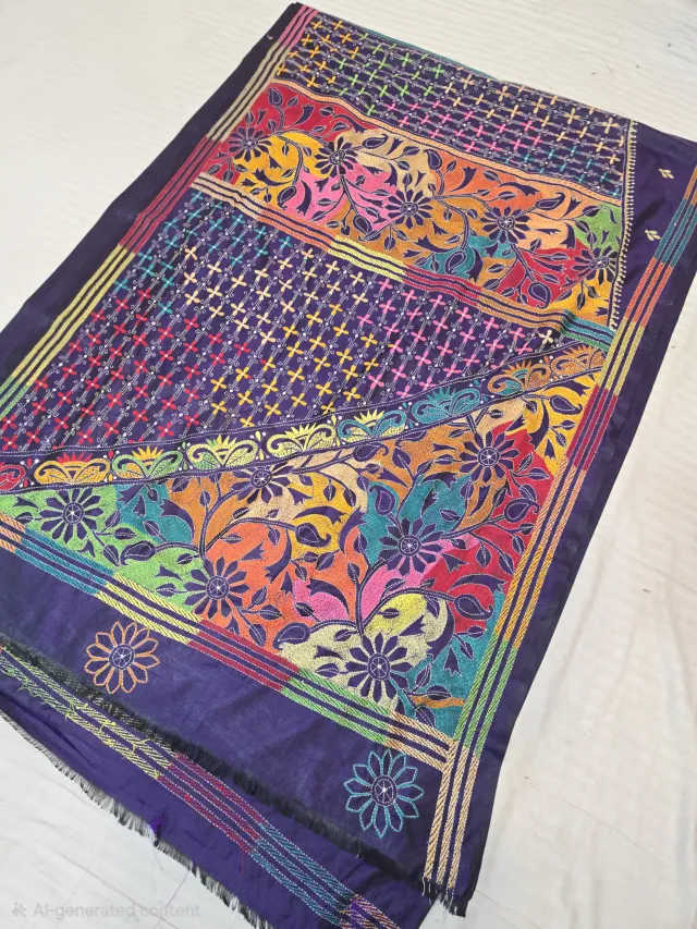 Royal Purple Multicolour Hand Embroidered Geometric Lattice and Floral Pallu Reverse Kantha Stitch Saree