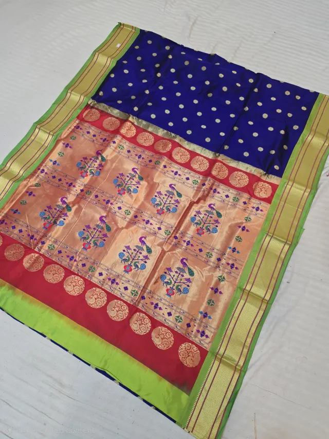 Royal Navy Blue with Gold Zari Buti and Peacock Tissue Pallu Pure Mulberry Paithani Silk Saree
