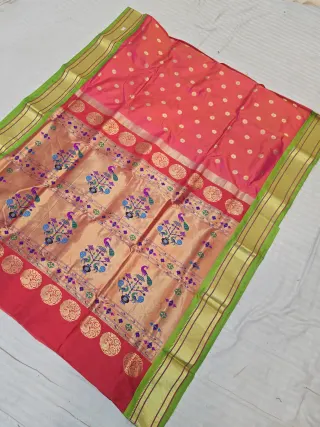Pink with Gold Zari Buti and Peacock Tissue Pallu Pure Mulberry Paithani Silk Saree