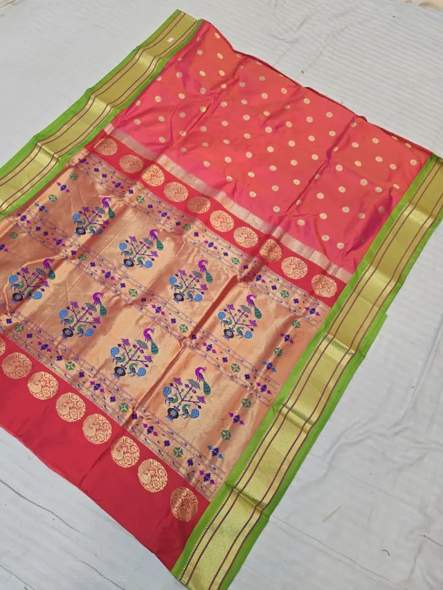 Pink with Gold Zari Buti and Peacock Tissue Pallu Pure Mulberry Paithani Silk Saree