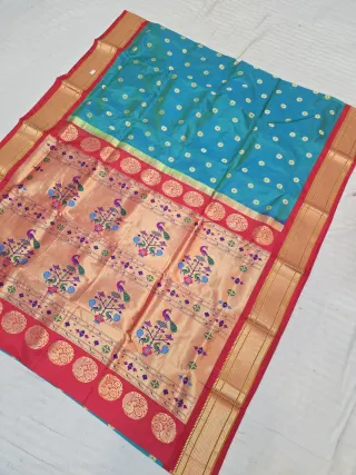 Sea Green with Gold Zari Buti and Red Peacock Tissue Pallu Pure Mulberry Paithani Silk Saree