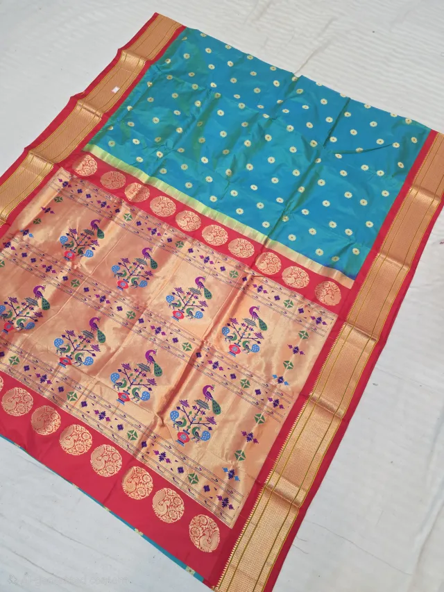 Sea Green with Gold Zari Buti and Red Peacock Tissue Pallu Pure Mulberry Paithani Silk Saree