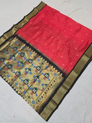 Rich Red with Gold Zari Buti and Black Peacock Tissue Pallu Pure Mulberry Paithani Silk Saree