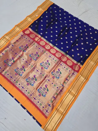 Royal Navy Blue with Gold Zari Buti and Mango Yellow Border Peacock Tissue Pallu Pure Mulberry Paithani Silk Saree