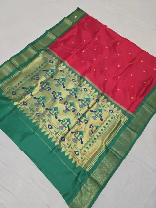 Rich Red with Gold Zari Buti and Emerald Green Peacock Tissue Pallu Pure Mulberry Paithani Silk Saree