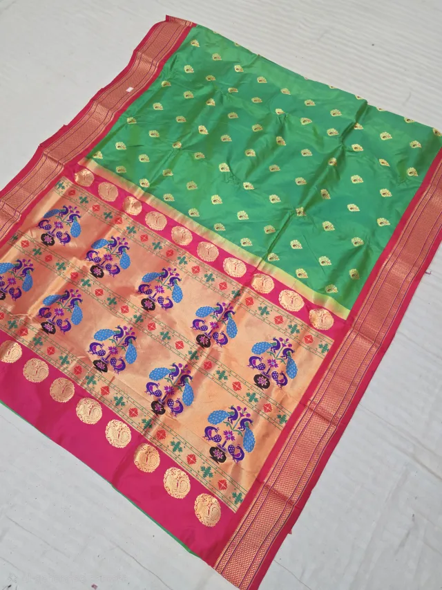 Parrot Green with Gold Zari Paisley Buti and Rani Pink Peacock Tissue Pallu Pure Mulberry Paithani silk Saree