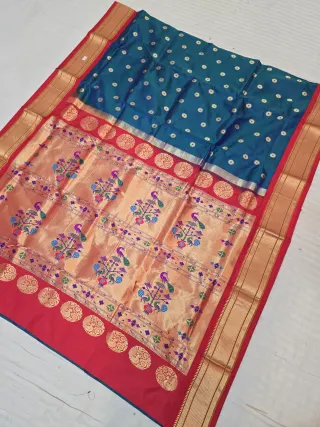 Deep Teal Blue with Gold Zari Buti and Red Peacock Tissue Pallu Pure Mulberry Paithani Silk Saree