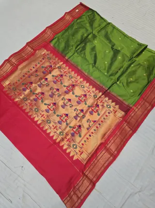 Olive Green with Gold Zari Buti and Red Peacock Tissue Pallu Pure Mulberry Paithani Silk Saree