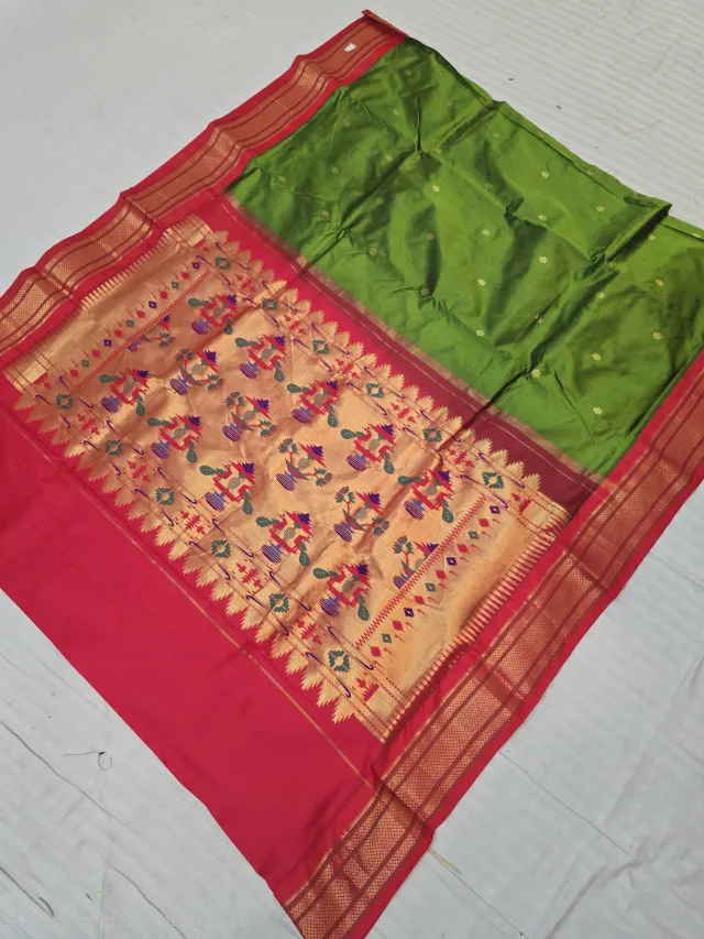 Olive Green with Gold Zari Buti and Red Peacock Tissue Pallu Pure Mulberry Paithani Silk Saree
