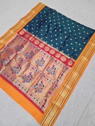 Deep Peacock Teal Blue with Gold Zari Buti and Mango Yellow Border Peacock Tissue Pallu Pure Mulberry Paithani Silk Saree
