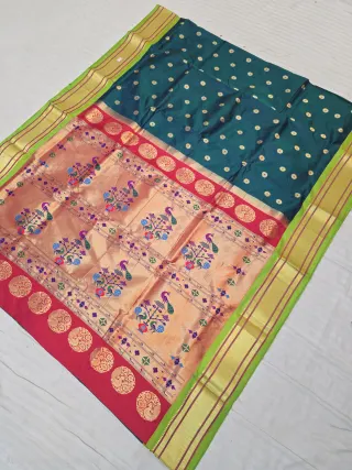 Deep Peacock Teal Green with Gold Zari Buti and Parrot Green Border Peacock Tissue Pallu Pure Mulberry Paithani Silk Saree
