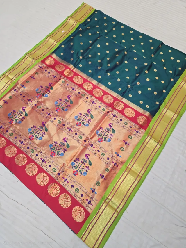 Deep Peacock Teal Green with Gold Zari Buti and Parrot Green Border Peacock Tissue Pallu Pure Mulberry Paithani Silk Saree
