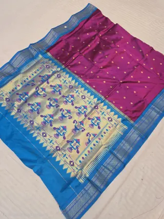 Rich Wine Magenta with Gold Zari Buti and Sky Blue Peacock Tissue Pallu Pure Mulberry Paithani Silk Saree