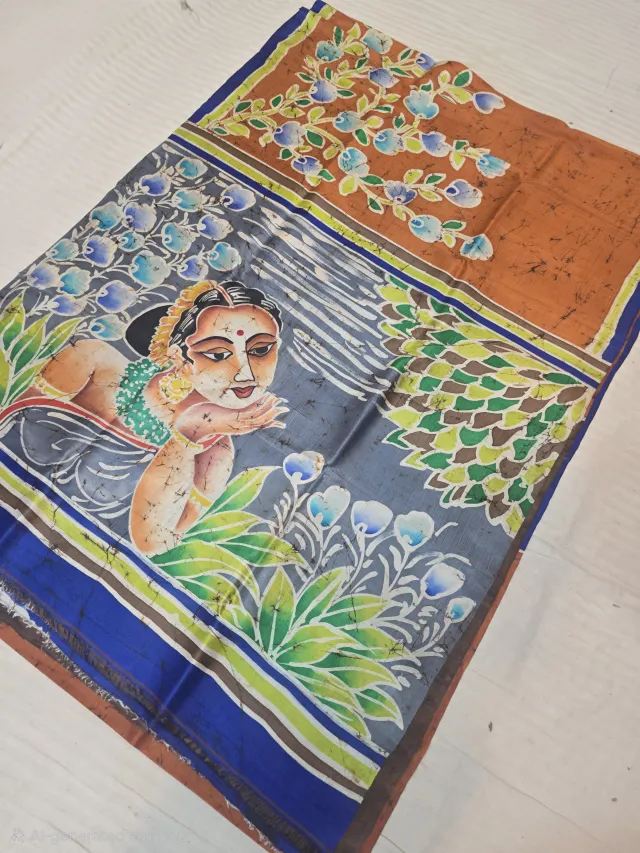 Rust Orange Handcrafted Momchitra Batik Indian Maiden Portrait Pallu Pure Bishnupur Silk Saree