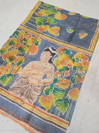 Slate Grey Handcrafted Momchitra Batik Royal Indian Figurative Portrait Pallu Pure Bishnupur Silk Saree