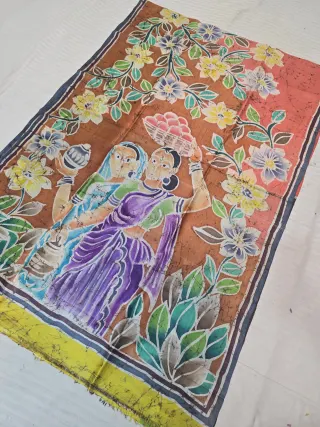 Rust Orange Handcrafted Momchitra Batik Village Maidens Figurative Pallu Pure Bishnupur Silk Saree