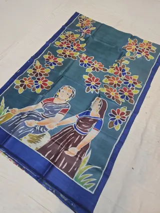 Teal Blue Handcrafted Momchitra Batik Two Maidens Figurative Pallu Pure Bishnupur Silk Saree