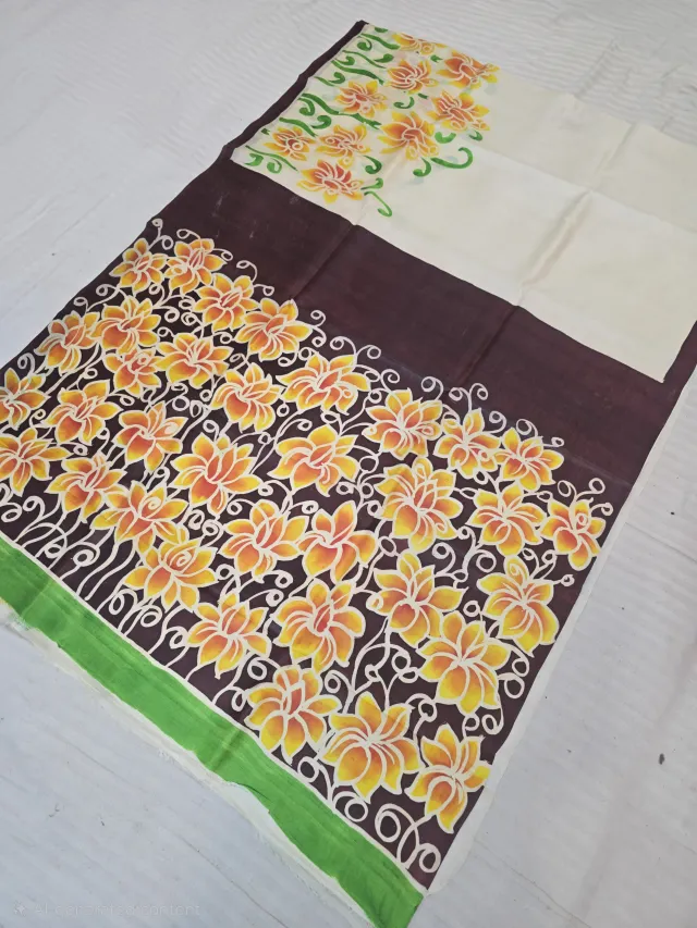 Off-White and Coffee Brown Handcrafted Momchitra Batik Floral Jaal Pallu Pure Bishnupur Silk Saree