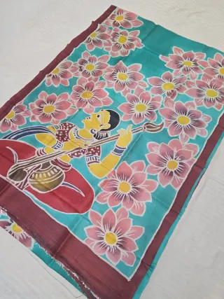 Sea Green Handcrafted Momchitra Batik Musical Maiden Playing Veena Pallu Pure Bishnupur Silk Saree