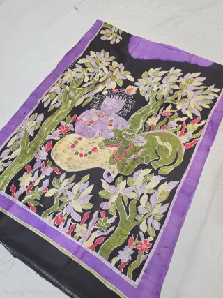 Midnight Black Handcrafted Momchitra Batik Krishna with Kamadhenu Pallu Pure Bishnupur Silk Saree
