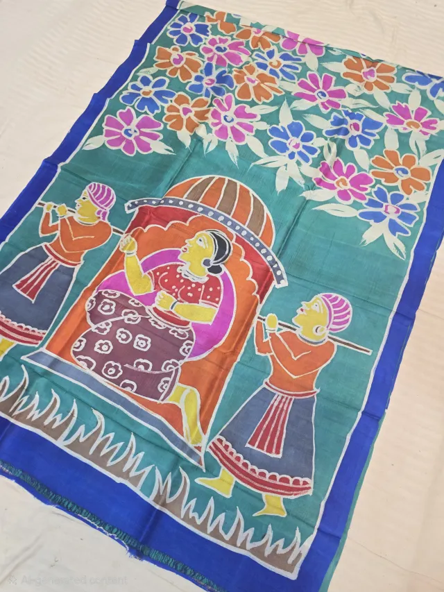 Sea Green Handcrafted Momchitra Batik Traditional Palki Bridal Procession Pallu Pure Bishnupur Silk Saree
