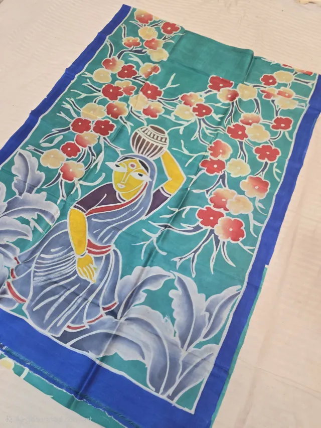 Sea Green Handcrafted Momchitra Batik Water Bearer Maiden Pallu Pure Bishnupur Silk Saree