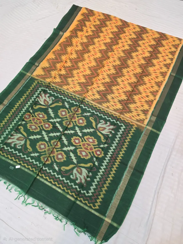 Haldi Yellow and Bottle Green Pallu Handcrafted Pure Ikkat Silk Pochampally Saree