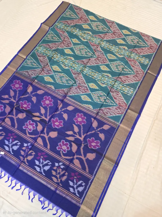 Teal Green and Royal Blue Floral Pallu Handcrafted Pure Ikkat Silk Pochampally Saree