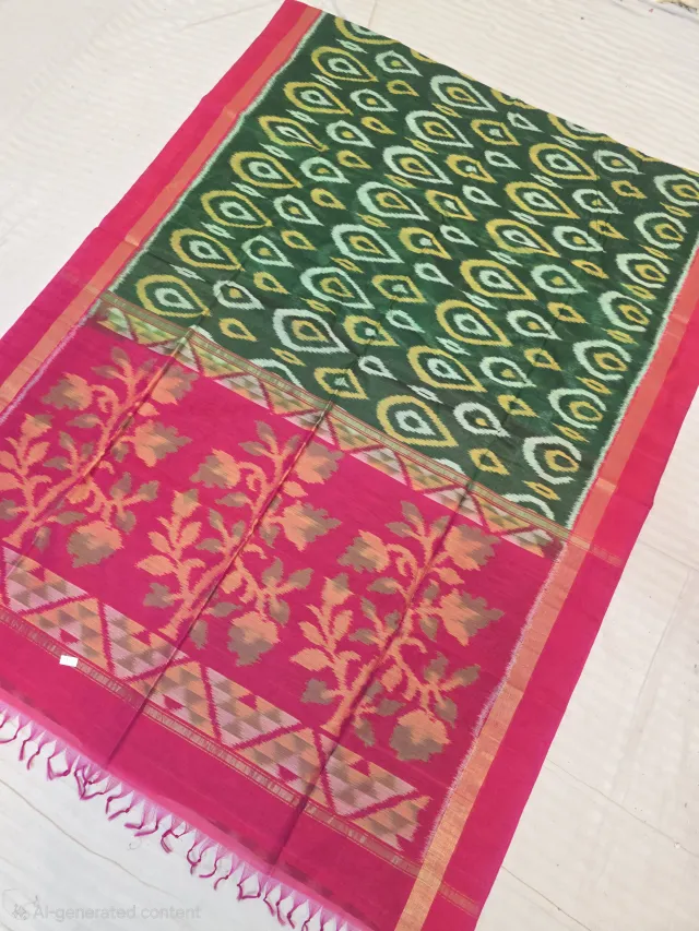 Emerald Green and Rani Pink Floral Vine Pallu Handcrafted Pure Ikkat Silk Pochampally Saree